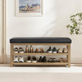 Zihanhome Shoe Rack Bench with Leather Cushion, 2 Tier Solid Wood Storage Bench, Mid-Century Modern Shoe Bench for Entryway, Hallway, Closet, Front Door Entrance, Foyer (Black, 46.5)