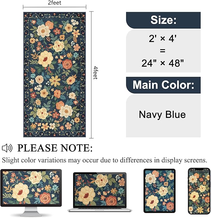 DUKINO 2x4 Rug for Entryway, Washable Kitchen Floral Runner Rug with Non Slip Backing, Low Pile Soft Boho Carpet for Kitchen, Hallway, Entryway, Laundry, Bedroom, Navy Blue