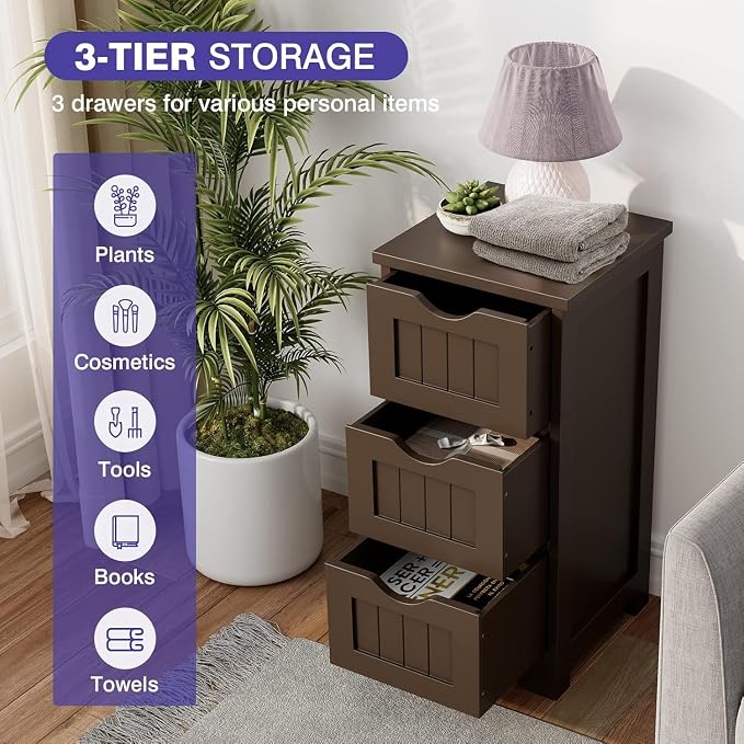 Floor Cabinet, Small Bathroom Storage Cabinet with 3 Removable Drawers & Anti-Toppling Device, Wooden Storage Cabinet for Bathroom Home Office Living Room Bedroom(Brown)