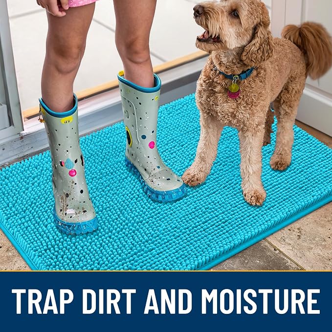 Smiry Dog Door Mat for Muddy Paws 40x32, Absorbent Dirt Trapper, Non-Slip Washable Chenille Entryway Rug for Inside Floor, Aqua Blue, Classic Solid