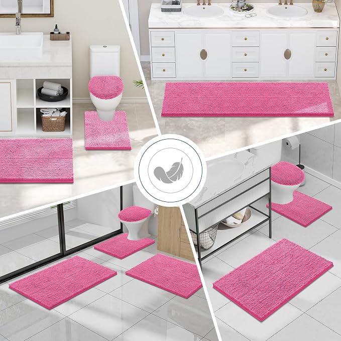Smiry Luxury Chenille Toilet Rugs U-Shaped 24x20, Soft Absorbent Non-Slip Contour Bathroom Rugs for Toilet, Machine Washable Contoured Bath Mats, Hot Pink