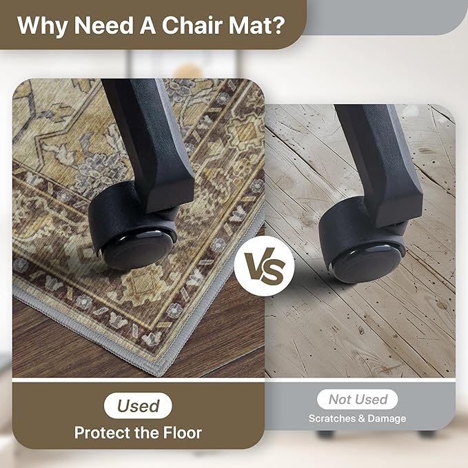 48"x72" Office Chair Mat for Hardwood Tile Floor, Under Desk Carpet Protector for Rolling Computer Chair Mat, Machine Washable Area Rug, Anti-Slip 1/5" Thick Low Pile Thin Vinyl Floor Mat, Brown