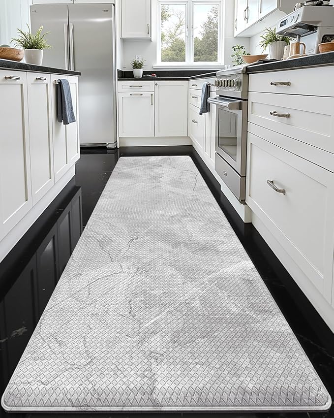 DEXI Kitchen Floor Mats Cushioned Anti Fatigue, 23x86 Large Long Standing Comfort Runner Rug Waterproof, Marble Memory Foam Padded for Front Sink Laundry, Light Grey