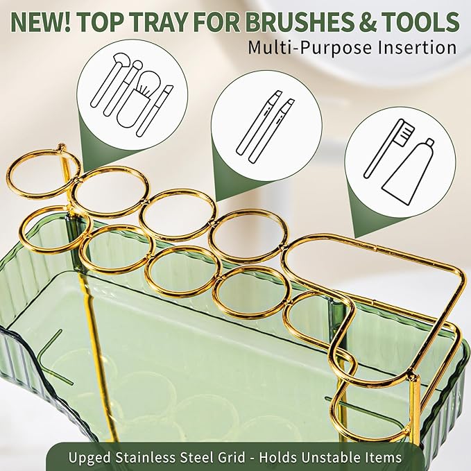 shuang qing Upgraded 2-Tier Corner Bathroom Countertop Organizer – Spacious Storage for Makeup, Skincare & Perfumes, Built-in Brush Holder Fits Vanity/Dresser/Bsthtub (Sage Green)