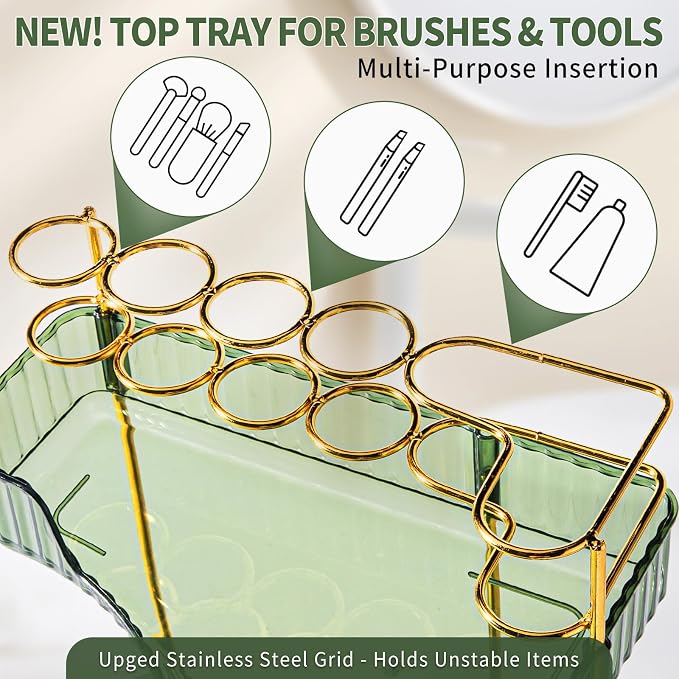 shuang qing Upgraded 3-Tier Corner Bathroom Countertop Organizer – Spacious Storage for Makeup, Skincare & Perfumes, Built-in Brush Holder Fits Vanity/Dresser/Bsthtub (Sage Green)