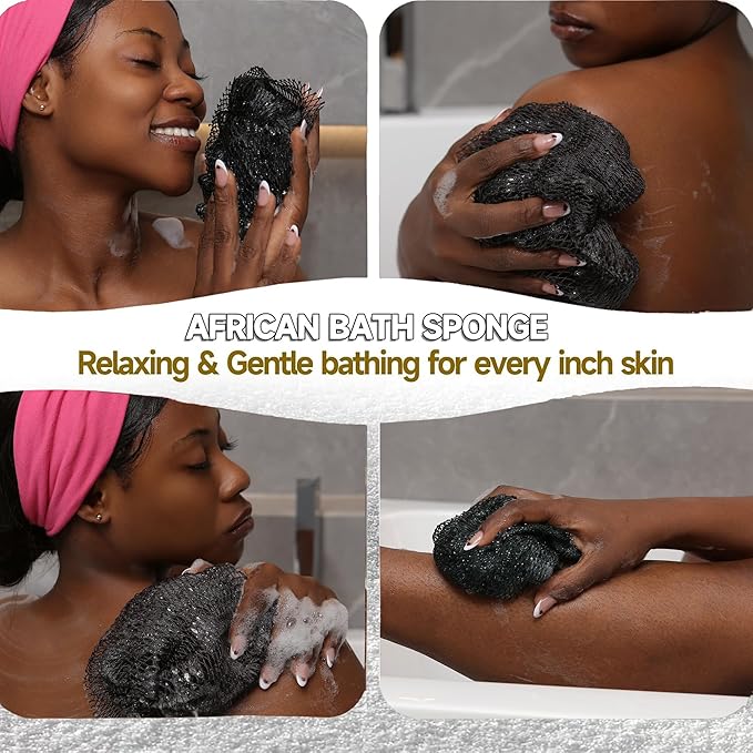 SubSahara Authentic African Net Sponge - 2 Pack Exfoliating Bath & Shower Loofah Sponge for Body & Face, Gentle Scrubber for All Skin Types, Travel, Durable (Black & Grey)