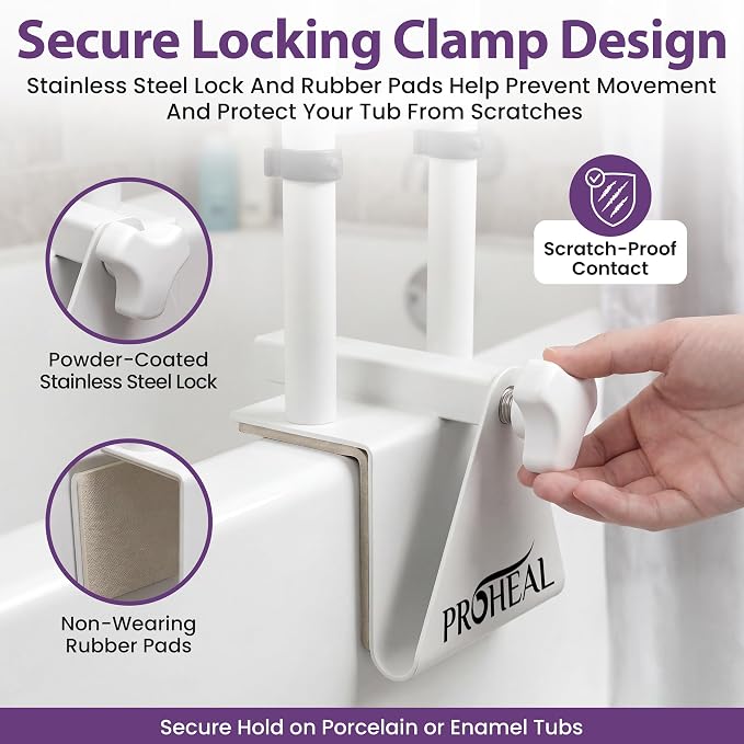Bathtub Grab Bar for Seniors, Shower Safety Rail, Non-Slip Stainless Steel Handle, Fits 3"-7" Tub Walls, Supports 300 LBS, Adjustable Height 14.5"-17", Tool-Free Clamp-On Install - ProHeal