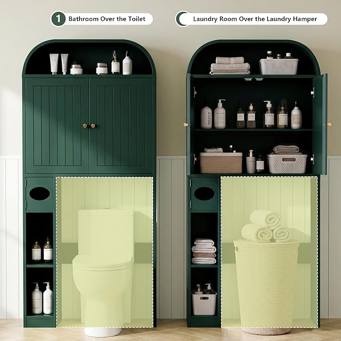 LEVNARY 31" Wide Over the Toilet Storage with Toilet Paper Holder, Arched Bathroom Organizer with Fluted Doors, 4-Tier Space Saving Freestanding Cabinet with Adjustable Shelves (Green)