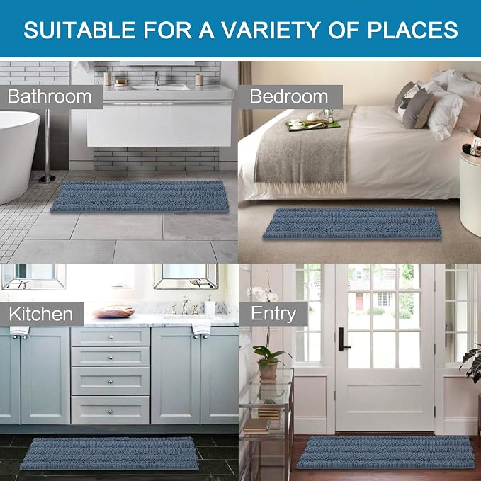 H.VERSAILTEX Bathroom Rug Sets 2 Piece Bath Mats Non Slip Thick Soft Chenille Striped Bath Rug achine Washable Shower Floor Rugs for Tub, Shower and Floor (Blue Indigo, 47" x 17"/17" x 24")