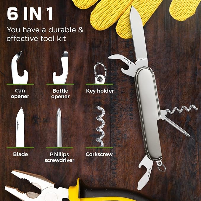 Small Pocket Knife 6 in 1 - Keychain Multitool - Compact Kids Pocket Knife with Bottle Opener, Can Opener, Corkscrew, Phillips Screwdriver - EDC Gift for Men, Women, Camping, Hiking, Travel - 5005