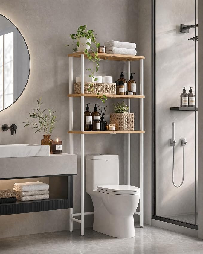 LiSHELF Bamboo Over The Toilet Storage Shelf 3-Tier Bathroom Organizer Rack Freestanding Above Toilet Shelves Space Saver for Small Bathroom, Laundry, White