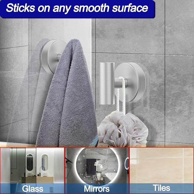 Bntuk Suction Cup Hooks, Shower Hooks for Inside Shower – Removable Towel Hooks for Bathroom Window Glass Mirror Tile, Bath Robe Looafh Hook for Hanging – Waterproof & Rustproof, Silver(4 Pack)