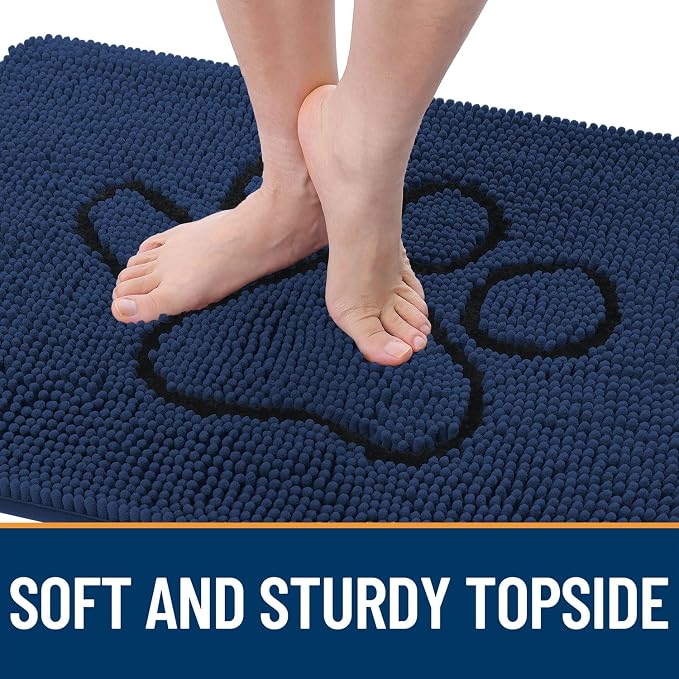 OLANLY Dog Door Mat for Muddy Paws 30x20, Paw Print Design, Absorbs Moisture and Dirt, Absorbent Non-Slip Washable Doormat, Quick Dry Chenille Mud Mat for Dogs, Entry Indoor Entryway Carpet, Dark Blue