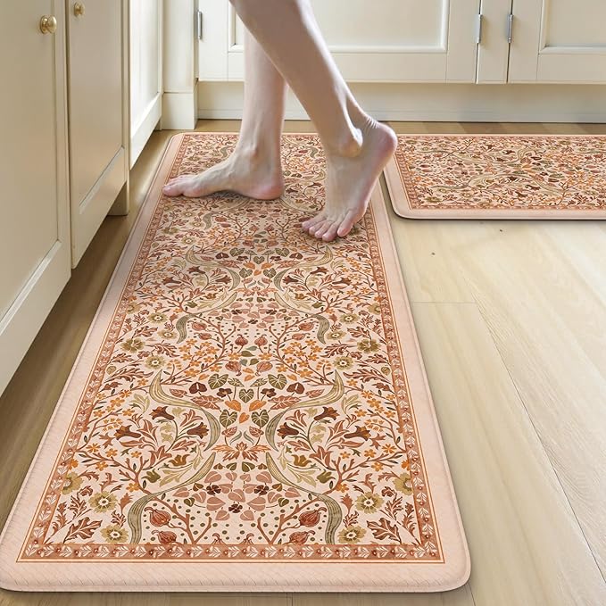 Collive Fall Orange Floral Kitchen Mats, Cushioned Anti Fatigue Kitchens Rugs Set of 2 Non Slip Desk Mats, Waterproof Sink Mat Comfort Standing Rug for Home Office Decoration