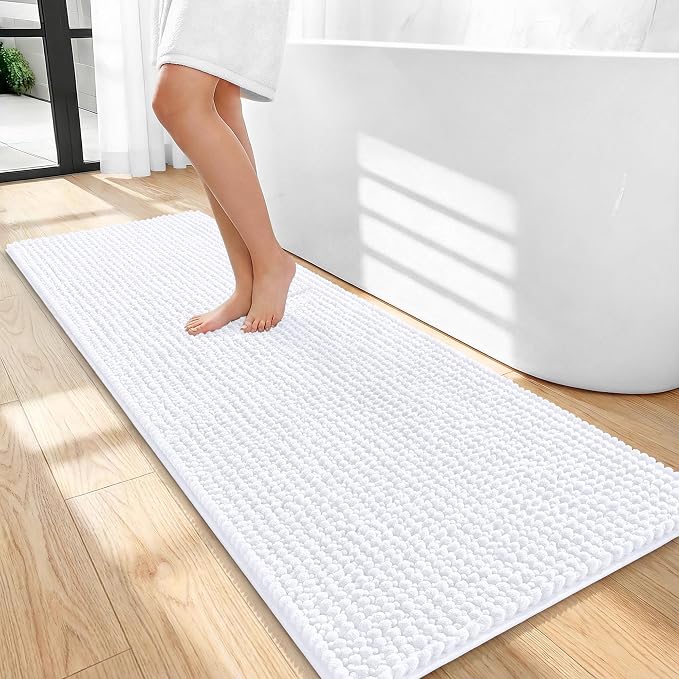 OLANLY Thick Bathroom Runner Rugs 47x20, Extra Soft Absorbent Chenille Bath Rugs, Rubber Backing, Machine Wash Dry, Long Bath Mats for Bathroom Floor, Tub and Shower, Home Decor Accessories, White
