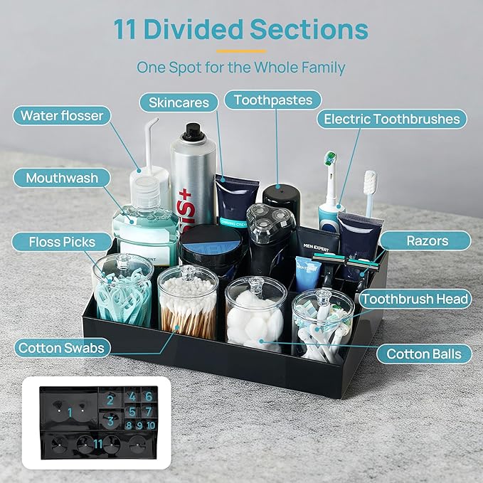 Vtopmart 5 PCS Bathroom Countertop Organizer, 1 Divided Tray with 4 Qtip Holder Jars, Restroom Clear Organizers for Toothbrush, Cotton Pads Balls, Floss, Bathroom Vanity Accessories Storage Set, Black