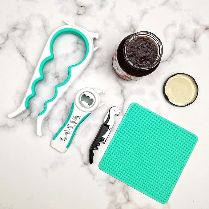Otstar Jar Opener Bottle Opener and Can opener for Weak Hands,Seniors with Arthritis, Elderly, Jar Lid Opener Gadgets with Rubber Jar Opener Gripper Pad and Corkscrew Opener