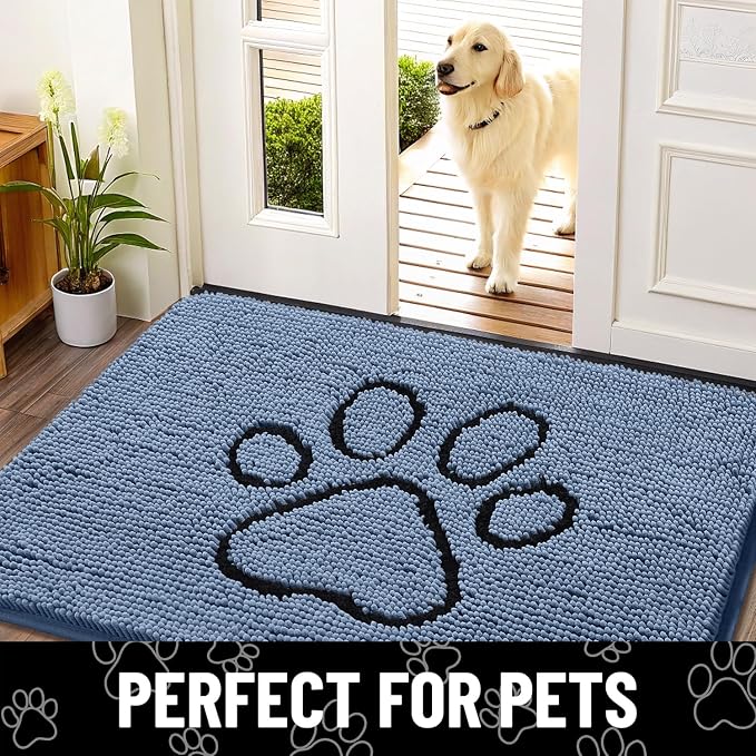 Smiry Dog Door Mat for Muddy Paws, Absorbent Dirt Trapper Non Slip Quick Dry Washable Chenille Mat for Mud Dogs, Entry Rug for Indoor and Outdoor (47x32 Inches, Airy Blue and Black)