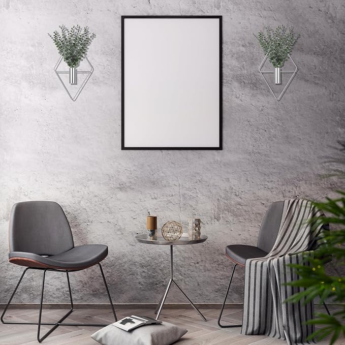 Jexine 8 Pcs Hanging Planters with Artificial Eucalyptus Metal Hanging Vase Indoor Plants Holder Modern Geometric Boho Bathroom Wall Decor for Living Room Home Office (Eucalyptus,Chrome Sliver)