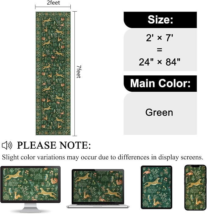 DUKINO Runner Rug, 2x7 Washable Kitchen Rugs for Hallways with Non Slip Backing, Soft Low Pile Vintage Animal Runner for Kitchen, Hallway, Entryway, Laundry, Bedroom, Green