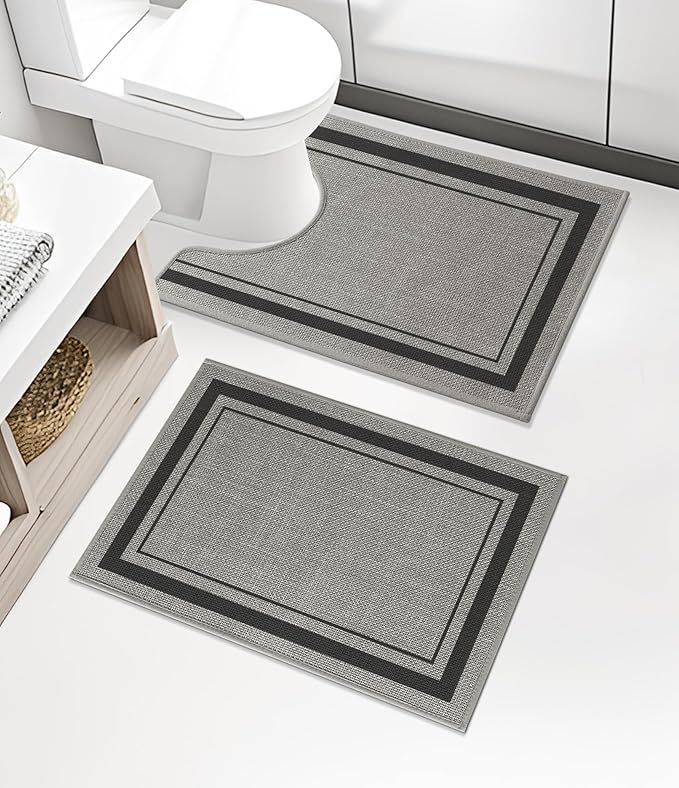 chakme 2 Piece Bathroom Rug Set, Ultra Thin Bath Mat, Quick Dry, Absorbent, Non Slip, Machine Washable, Dark Grey, 17"x24"+Toilet Mat