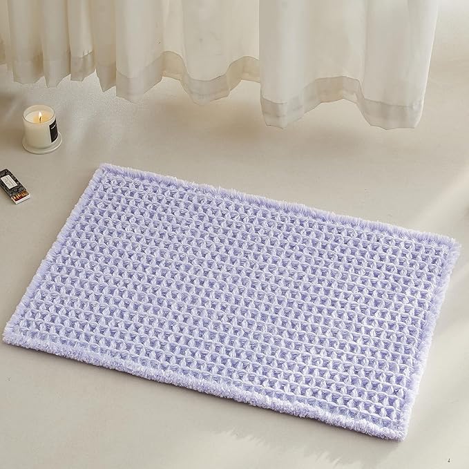 TYUU Waffle Bath Mat, Boho Bathroom Rugs Non Slip Washable Super Absorbent Quick Dry Cute Bath Mat Farmhouse Bathroom Decor, 24''x16'' Lavender Cream