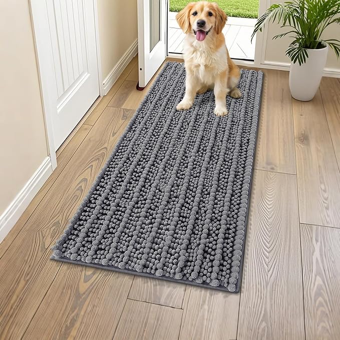 Smiry Dog Door Mat for Muddy Paws 47x17, Absorbent Dirt Trapper, Non-Slip Washable Chenille Entryway Rug for Inside Floor, Dark Grey, Layered Pattern
