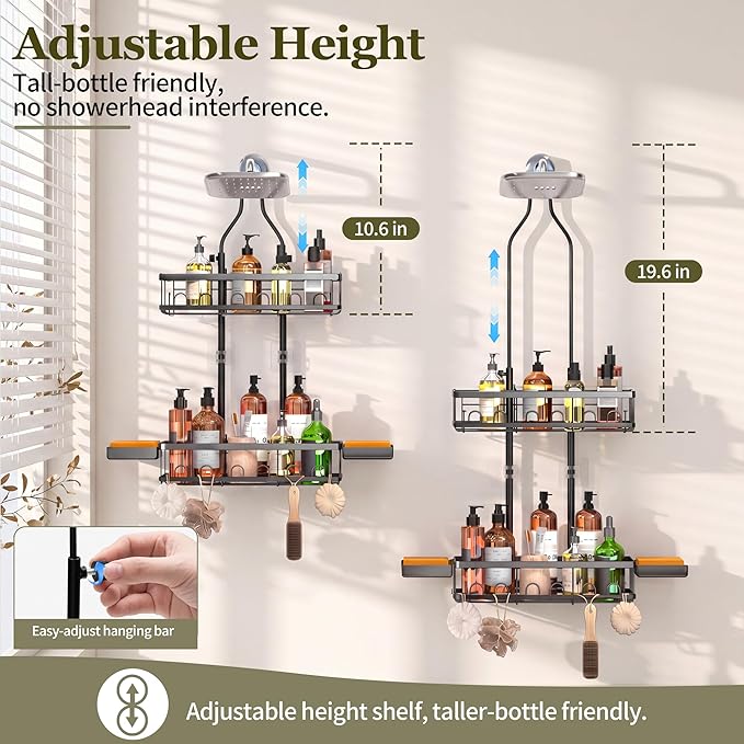 Skyapex Shower Caddy Hanging Over Shower Head, Adjustable Black Bathroom Organizer for Inside Shower, Rust-Resistant Stainless Steel Caddy with 2 Baskets, Hooks & Soap Dish for Tall Bottles