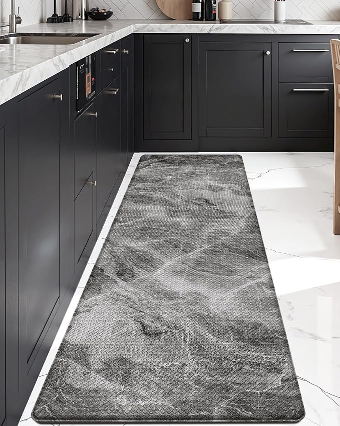 DEXI Kitchen Floor Mats Cushioned Anti Fatigue, 23x86 Large Long Standing Comfort Runner Rug Waterproof, Marble Memory Foam Padded for Front Sink Laundry, Dark Grey