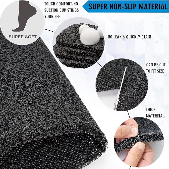 Bathtub Mat Non Slip Shower Mat Soft PVC Loofah Bath Tub Mats with Drain for Bathroom Tub 40 x 16 Inch (Black)