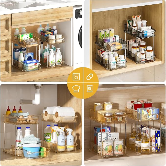 Delamu 2-Tier Under Sink Organizers and Storage, Multi-Purpose Stackable Bathroom Cabinet organizers, Pull Out Kitchen Pantry Organization and Storage with Dividers(2 Pack, Amber)