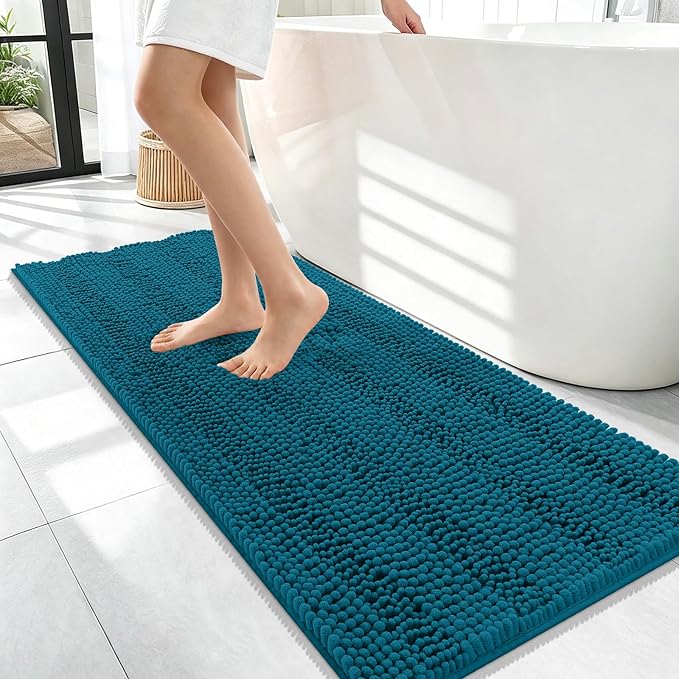 OLANLY Thick Bathroom Runner Rugs 47x17, Extra Absorbent Chenille Striped Bath Rugs, Rubber Backing, Machine Wash Dry, Long Bath Mats for Bathroom, Tub and Shower, Home Decor Accessories, Peacock Blue