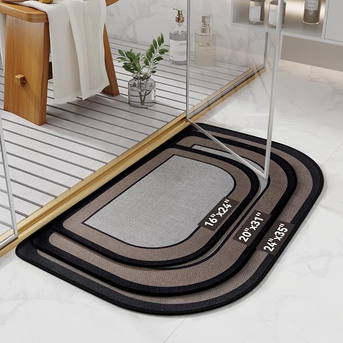 YDKGL Half Circle Bath Mat, Thin Bathroom Rugs Fit Under Door Quick Dry Non Slip Washable Bathroom Mat with Rubber Backing, Absorbent Woven Half Round Shower Mat Rug,Gray Gray Brown