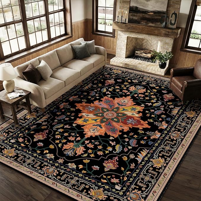 RELEANY Area Rugs Large 9'x12' Washable Non-Slip, Floral Vintage Distress Medallion Carpet for Living Room Bedroom Dining Room, Black Colorful Floral Dark Tan