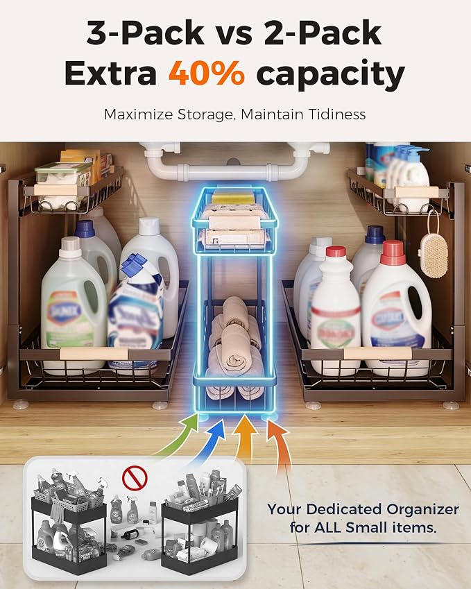 Sevenblue 3 Pack Under Sink Organizer, Height Adjustable 2 Tier Pull-Out Metal Under Kitchen Sink Organizer, Multi-Purpose Storage Shelves for Kitchen Bathroom Cabinet, Brown