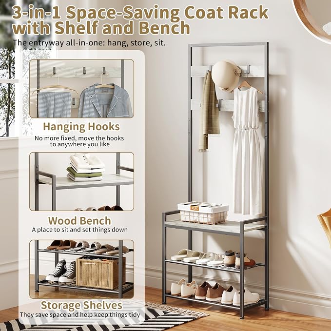 Hall Tree with Shoe Storage Bench - Entryway Bench with Coat Rack and Hooks - 3-in-1 Small Hall Tree for Entry Way, Entrance, Hallway, Doorway, Front Door, Mudroom, Small Space - Greige