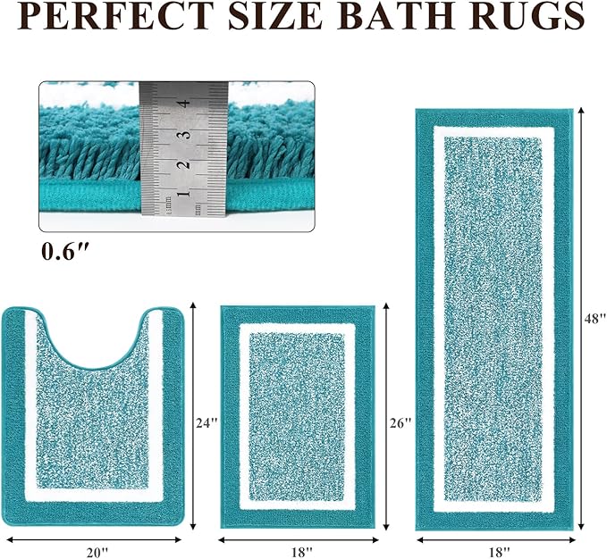 Pauwer 3 Piece Bath Mat Set, Non Slip Plush Bathroom Mats, Absorbent Shaggy Bathroom Rug Set with U-Shaped Contour Toilet Mat for Bedroom Living Room, Aqua Blue