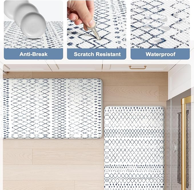 KIMODE Kitchen Mats 2PCS Cushioned Anti Fatigue Boho Kitchen Rugs and Mats Non Slip Waterproof Kitchen Mats for Floor Comfort Foam Standing Desk Mat for Home Office Sink Blue White Laundry Room Decor