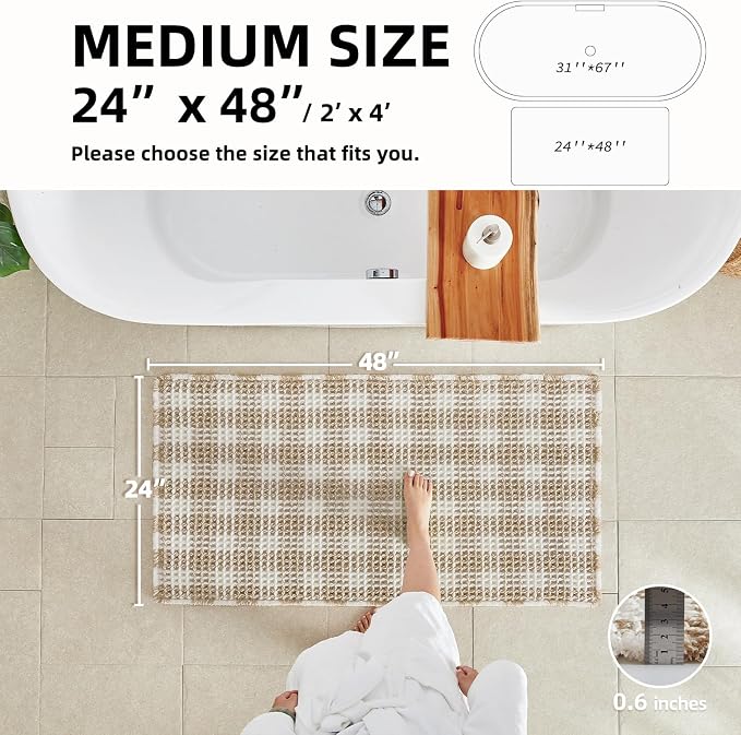 TYUU Waffle Bath Mat, Boho Bathroom Rugs Non Slip Washable Absorbent Checkered Bathroom Mat Quick Dry Farmhouse Bathroom Decor, 48"x24" Khaki and White