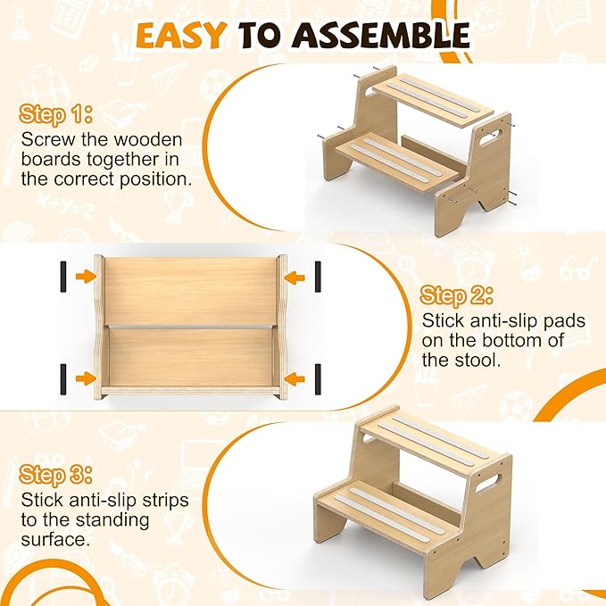 Step Stool for Toddler, Sturdy Wooden 2-Step Stool with Anti-Slip Surface and Pads for Barthroom, Kitchen, Bedroom, Toilet, and Potty Training - 1 Pack