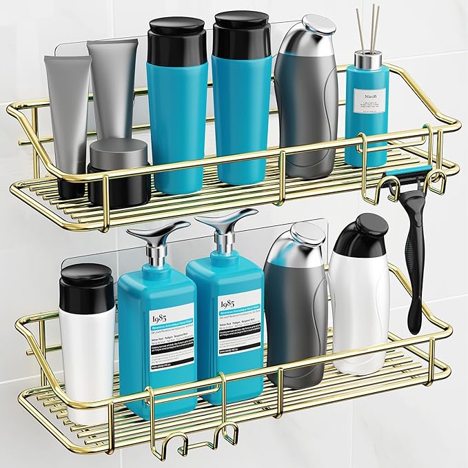 Nieifi Shower Caddy Shelf Storage Rack Adhesive Without Drilling Stainless Steel with Hooks for Washroom, Lavatory, Restroom, Toilet, Bathroom, Kitchen - 2 Pack, Golden