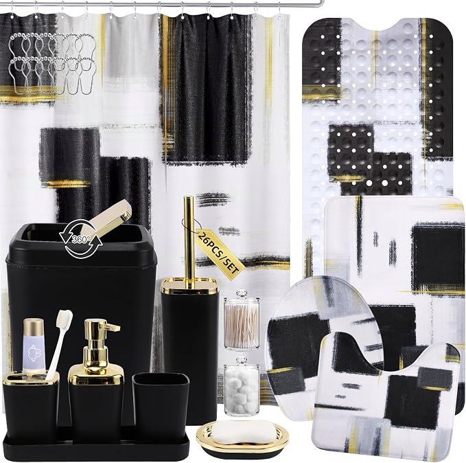 XLHOMO Bathroom Accessories Set - 26PCS Black Bathroom Set, Bathroom Accessory Set with Shower Curtain and Rugs and Bathtub Mats for Home