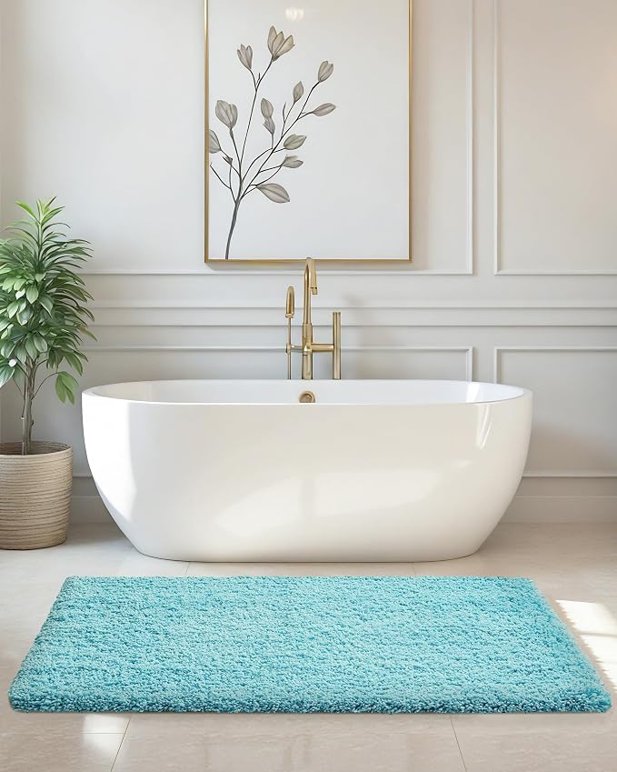 ILANGO Teal Bathroom Rugs 60" × 24" Non Slip & Super Absorbent Thick Soft, Washable Bath Carpet Runner for Floor, Microfiber Plush Shaggy Bath Mats with Rubber for Bedroom Bathtub Shower Room