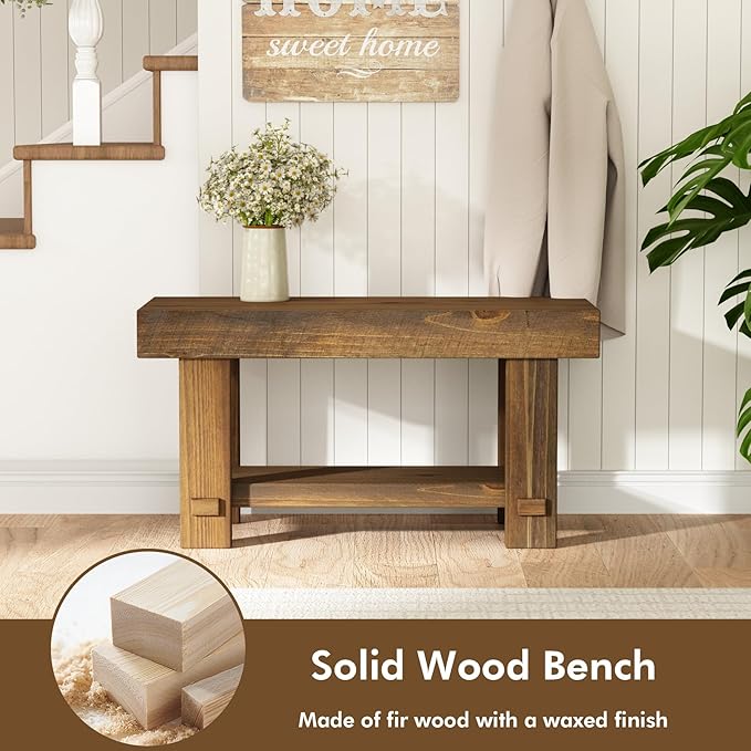 HOKYHOKY Solid Wood Entryway Bench - 31.5" Farmhouse Small Storage Benches, Narrow Bench Seat for Indoor, Entryway, Dining Room, Living Room and Hallway, Rustic Natural
