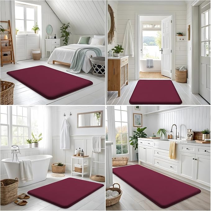 Smiry Memory Foam Bath Mat 59x24, Extra Soft and Absorbent Bathroom Mats, Non Slip Washable Carpet for Floor, Shower and Tub, Burgundy