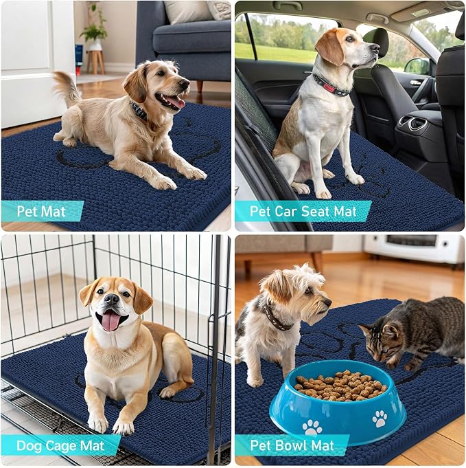 OLANLY Dog Door Mat for Muddy Paws 30x20, Paw Print Design, Absorbs Moisture and Dirt, Absorbent Non-Slip Washable Doormat, Quick Dry Chenille Mud Mat for Dogs, Entry Indoor Entryway Carpet, Dark Blue