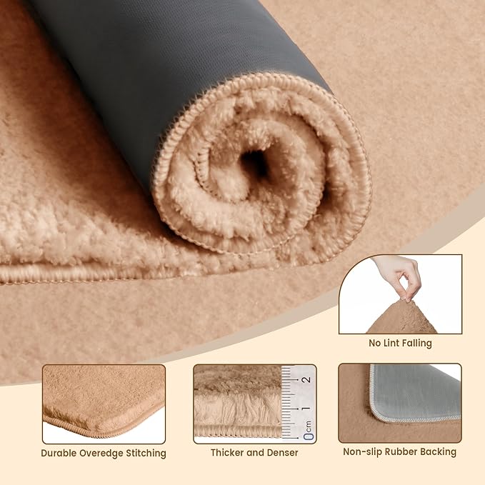 TECHMILLY Fluffy Bathroom Rug Mat 24x17, Absorbent Thick Non Slip Microfiber Mats, Quick Dry Machine Washable Bath Rug for Bathroom Floor, Bathtub and Shower, Beige