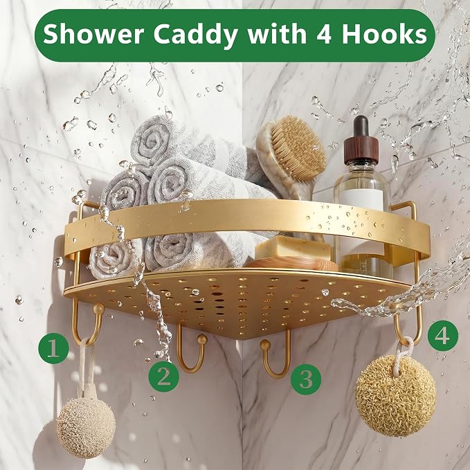 Corner Shower Shelves - 2 Tier No Drilling Shower Caddy Adhesive, Stainless Steel Shower Organizer with 4 Hooks, Wall Mounted Shower Rack for Inside Shower Corner Shelf, Gold Floating Shelves