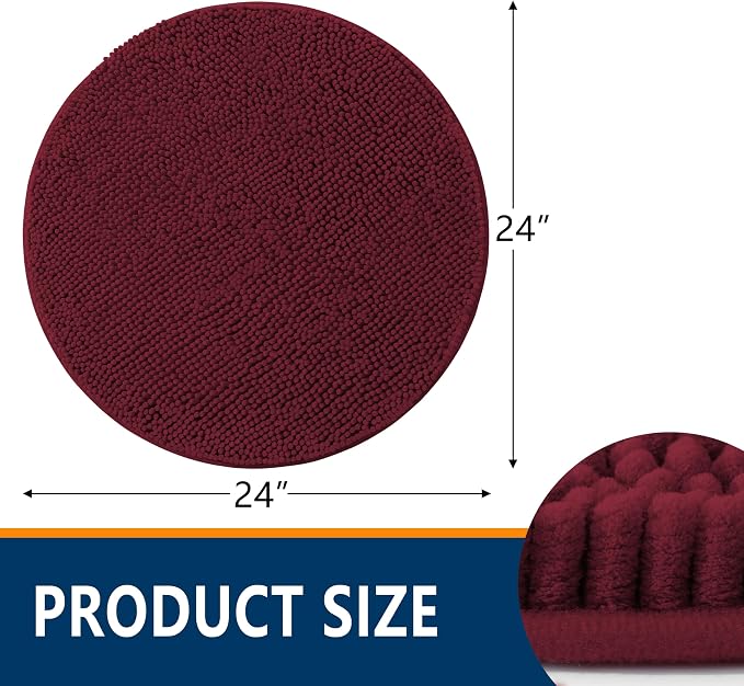 Smiry Luxury Chenille Round 24x24, Extra Soft and Absorbent Shaggy Bathroom Mat Rugs, Machine Washable, Non-Slip Plush Carpet for Tub, Shower, and Bath Room, Burgundy