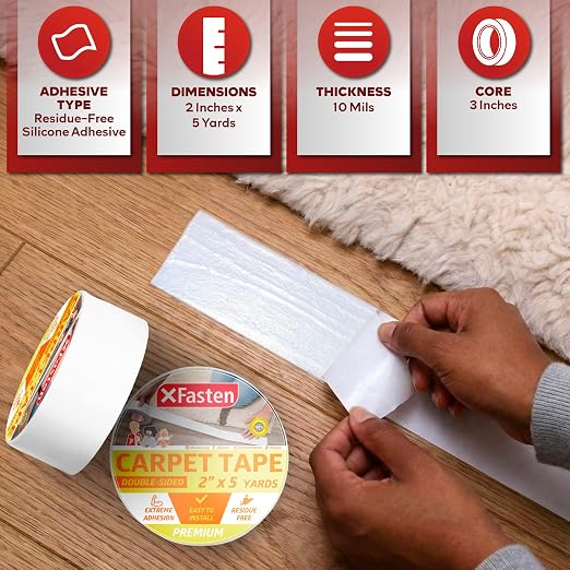 XFasten Double Sided Rug Gripper Tape - 2' x 5 Yds, 3-In Core Carpet Tape for Carpet to Carpet, Hardwood Floors, High Traffic Areas, Easy to Use Area Rug Tape